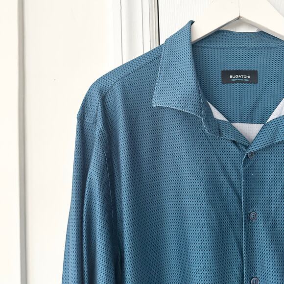 Bugatchi Teal OoohCotton Tech James Geometric Buttondown Long Sleeve Shirt XXL - Picture 3 of 13